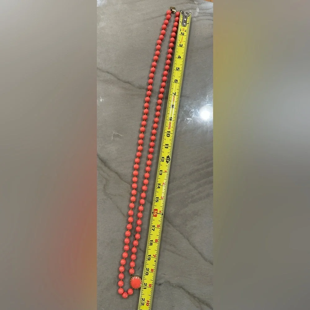 Vintage Mid Century Two Strand Faux Coral Lucite Bead Necklace with Ornate Clasp